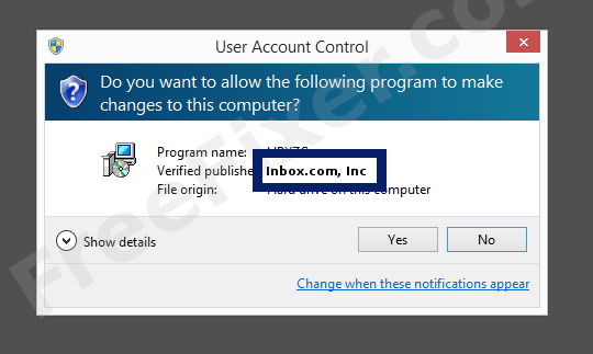 Screenshot where Inbox.com, Inc appears as the verified publisher in the UAC dialog